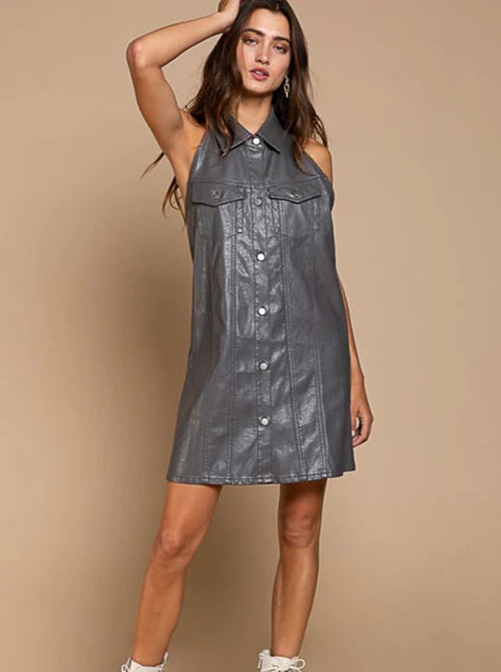 POL Gray Halter Button-Down Dress